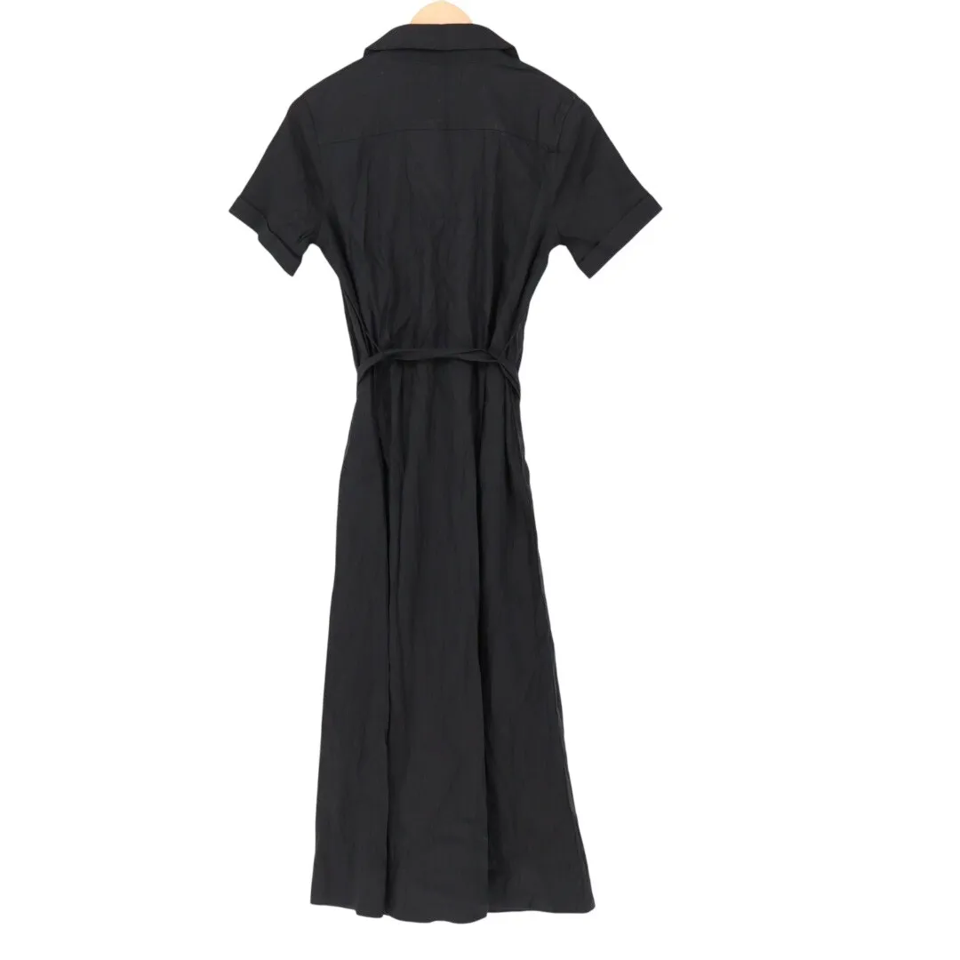 American Giant Black Linen Blend Button Front Belted Shirt Dress XS - Image 5
