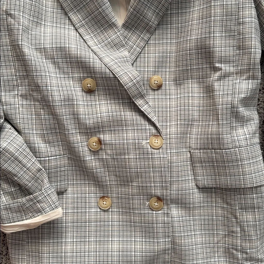 Free People Light Gray Plaid Blazer with Gold Buttons - Image 4