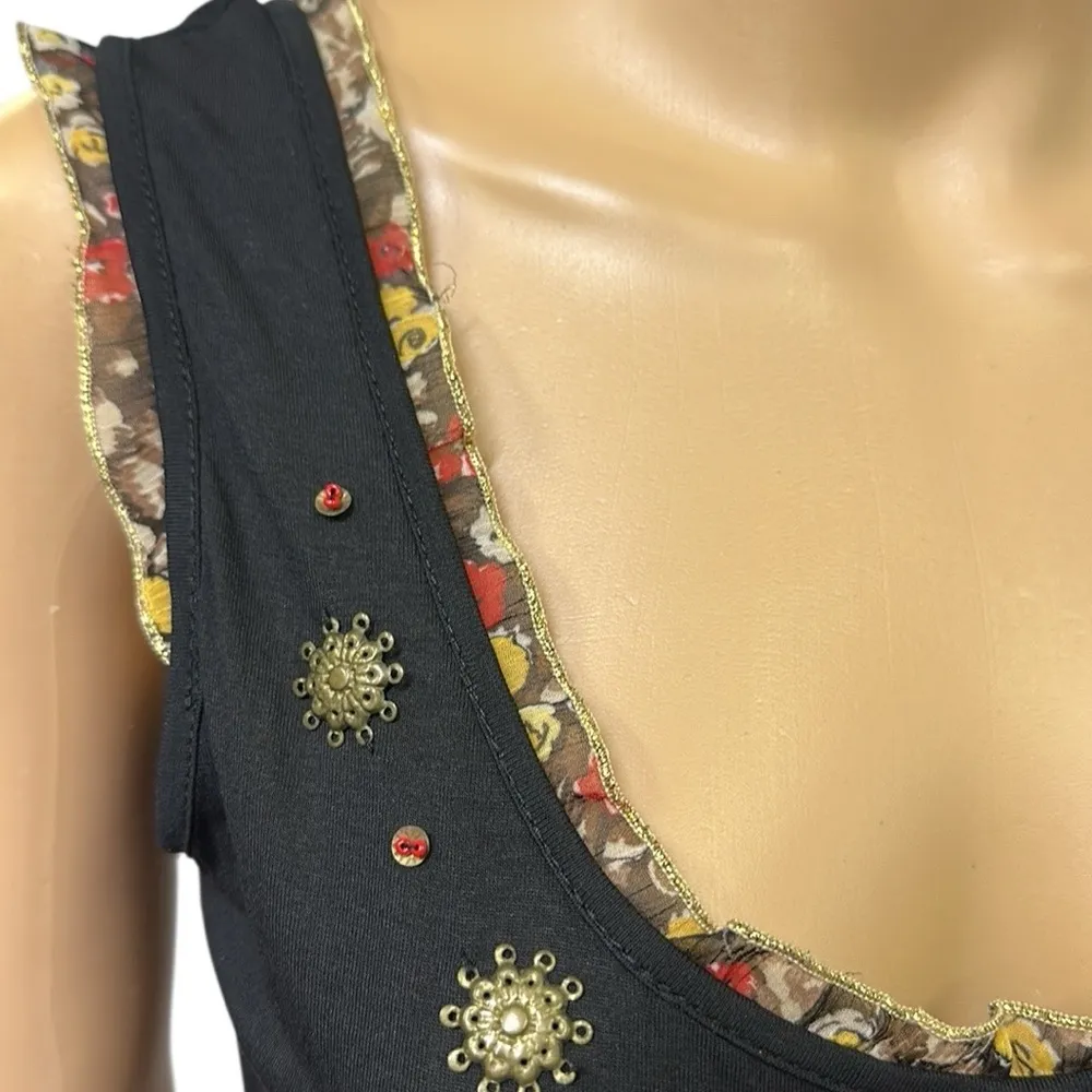 Brivido Made in Italy Black Lace Up Embellished Floral Ruffle Tank Top Large - Image 5