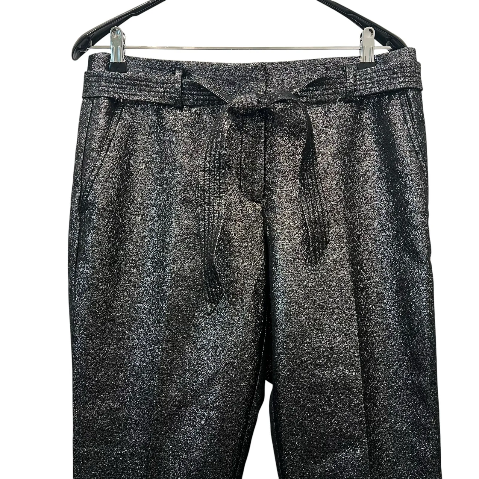 LOFT Womens Black Silver Metallic Sparkle Belted Crop Dress Pants 8P Petite - Image 2