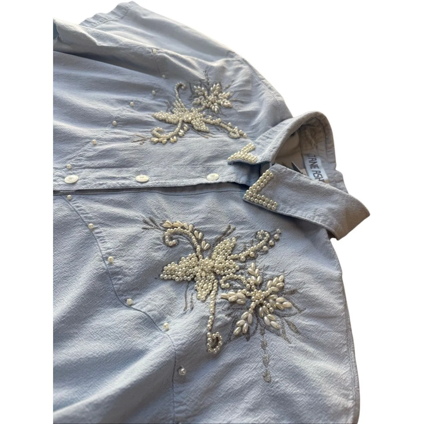 Vintage 80’s Jane Ashley light blue beaded and embroidered button-down shirt - Image 10