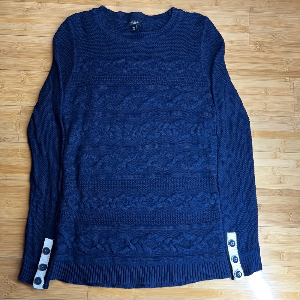 Talbots women’s Navy Pullover long sleeve Button Cuff Cable Knit Sweater|Size:MP - Image 4