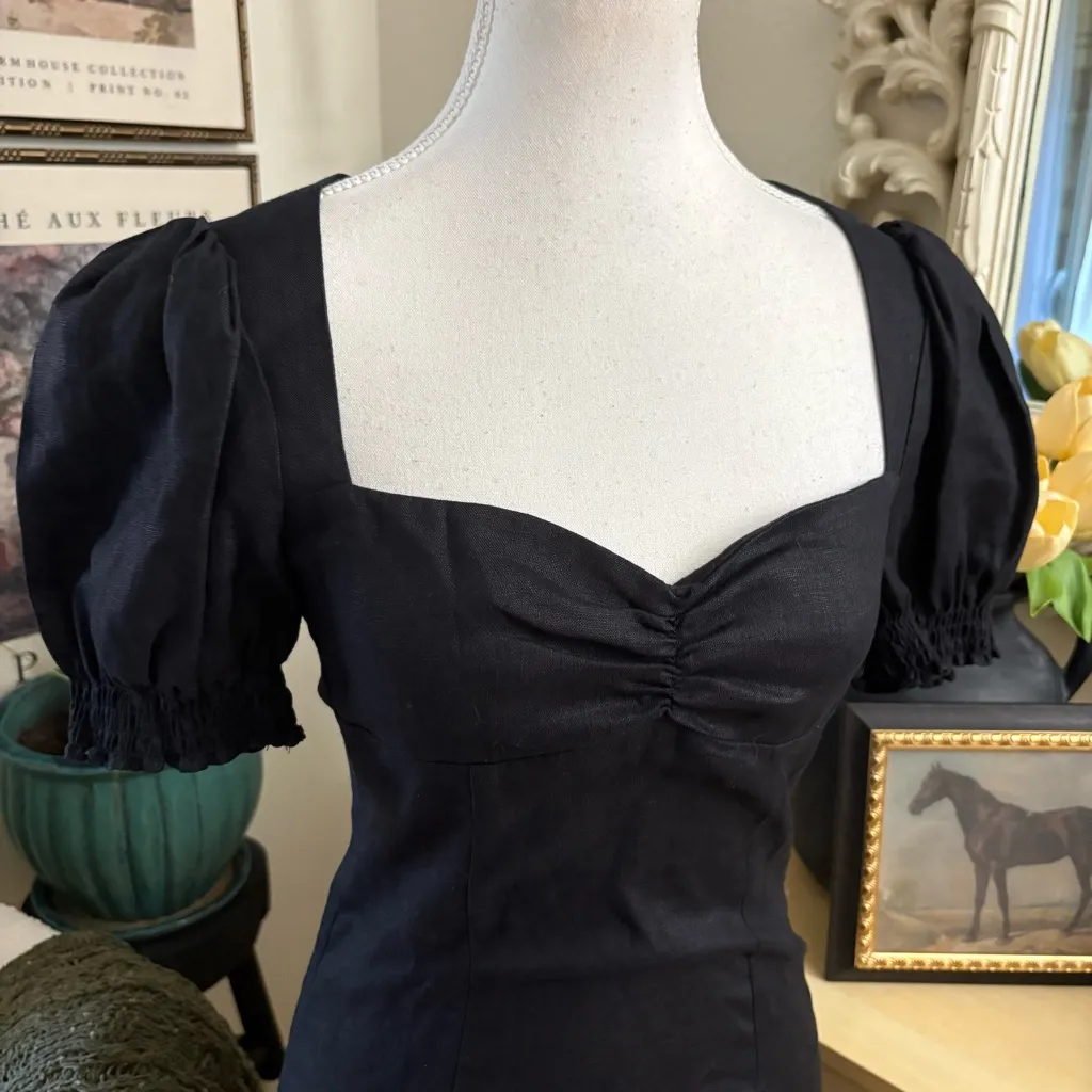 REFORMATION‎ Gina Dress In Black Linen Puff Statement Sleeves Size 0 - Image 4