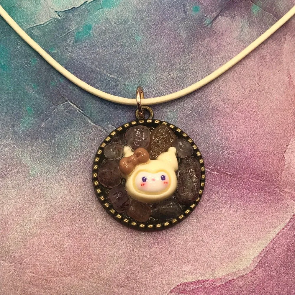 Handmade Strawberry Quartz Cream Kuromi Necklace Brown - Image 2