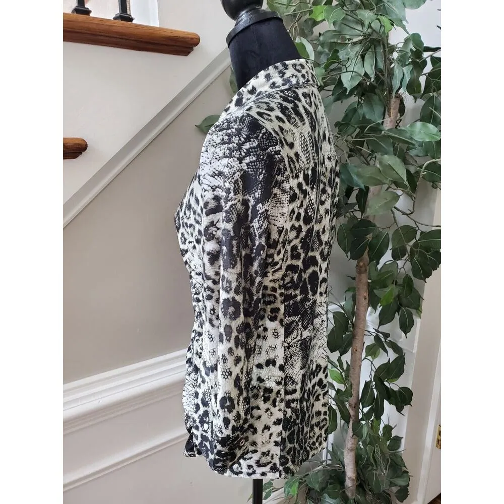 Essentials Women Black White Snake Print Polyester Button Front Top Shirt Small - Image 4