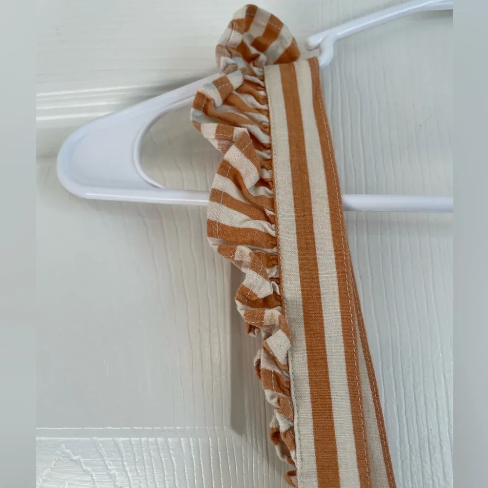 Urban Outfitters Size Medium Rosie Ruffle Skirtall Overall Orange and Off White - Image 9