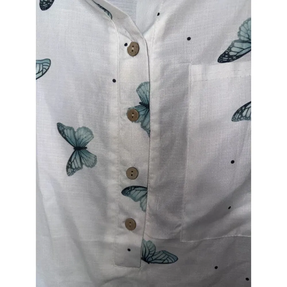 Butterfly Half Button Up XL Sheer Top Boho Preppy Swimsuit Coverup Lightweight White - Image 3
