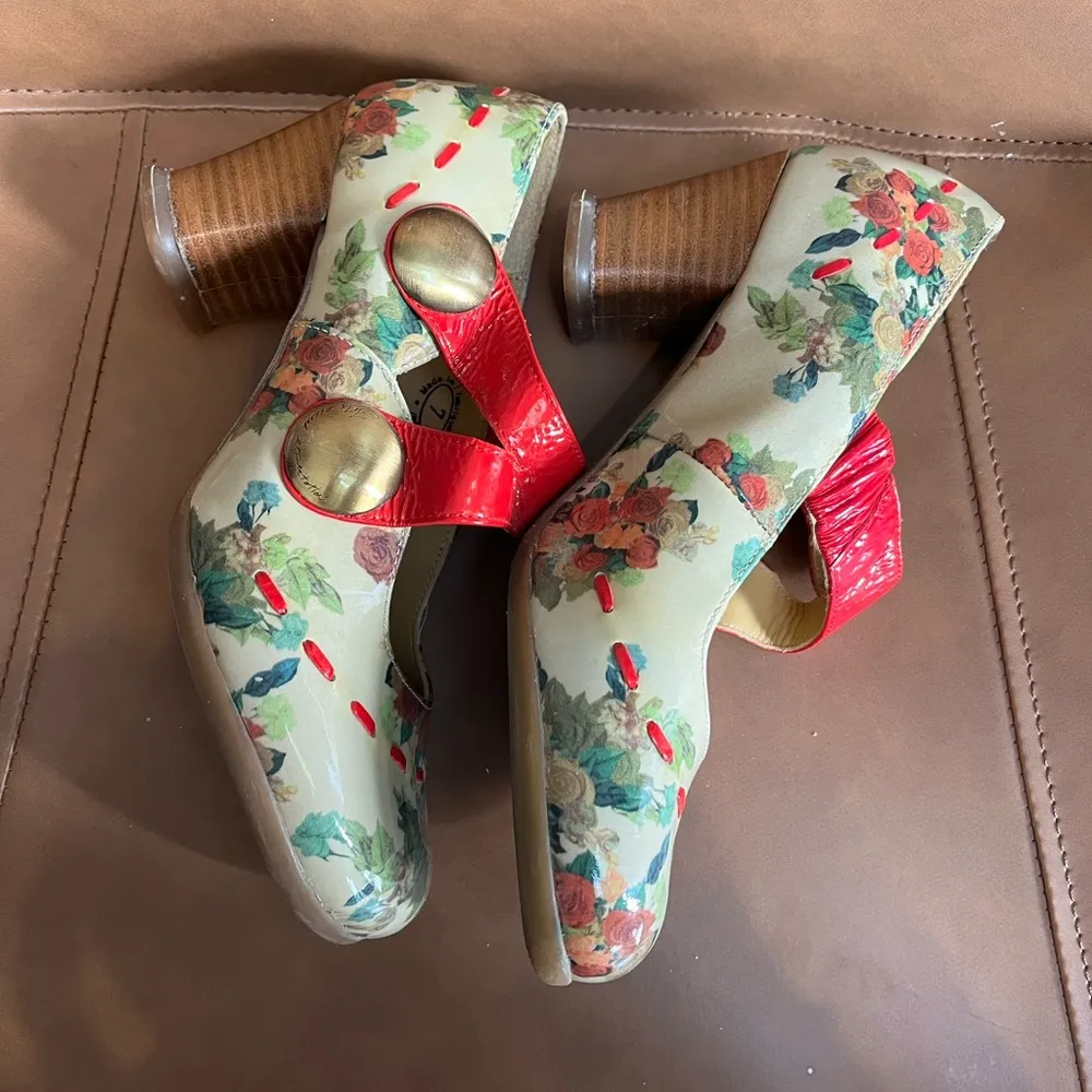 Fluevog Floral Mary Jane Heels with Red Strap - Image 7
