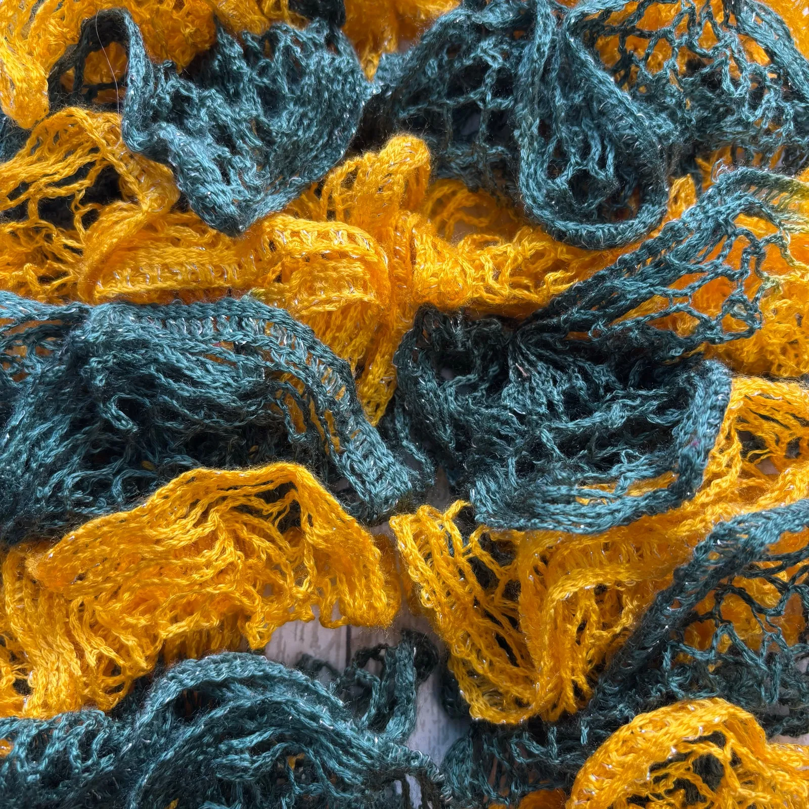 Handmade Crocheted Green and Yellow Ruffle Scarf With Silver Thread Accents - Image 3