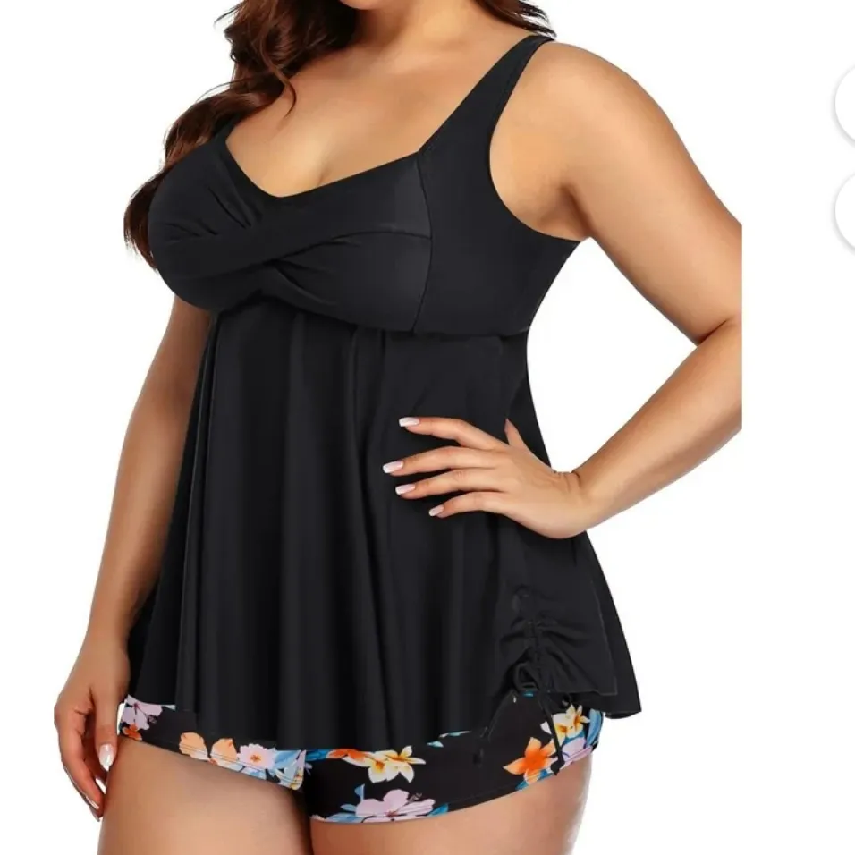 #61 Rivelino Tankini Plus Size Flowy Swimdress Tummy Control 2 Piece with Shorts Black - Image 2