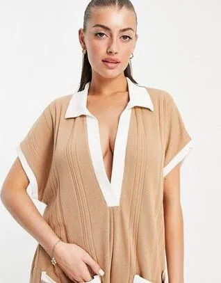 Design Contrast Collar Oversized Rib Romper In Brown - Image 2