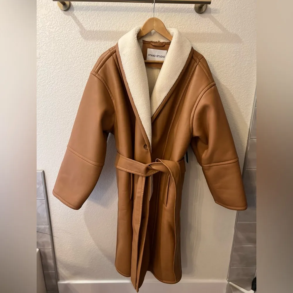 STAND STUDIO Tan Dolores Belted Shearling Coat Size 8 - Image 37