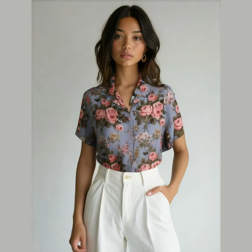 Vintage Bechamel Ladies Blue Floral Shirt Rose Print Blouse • short sleeve - Image 2