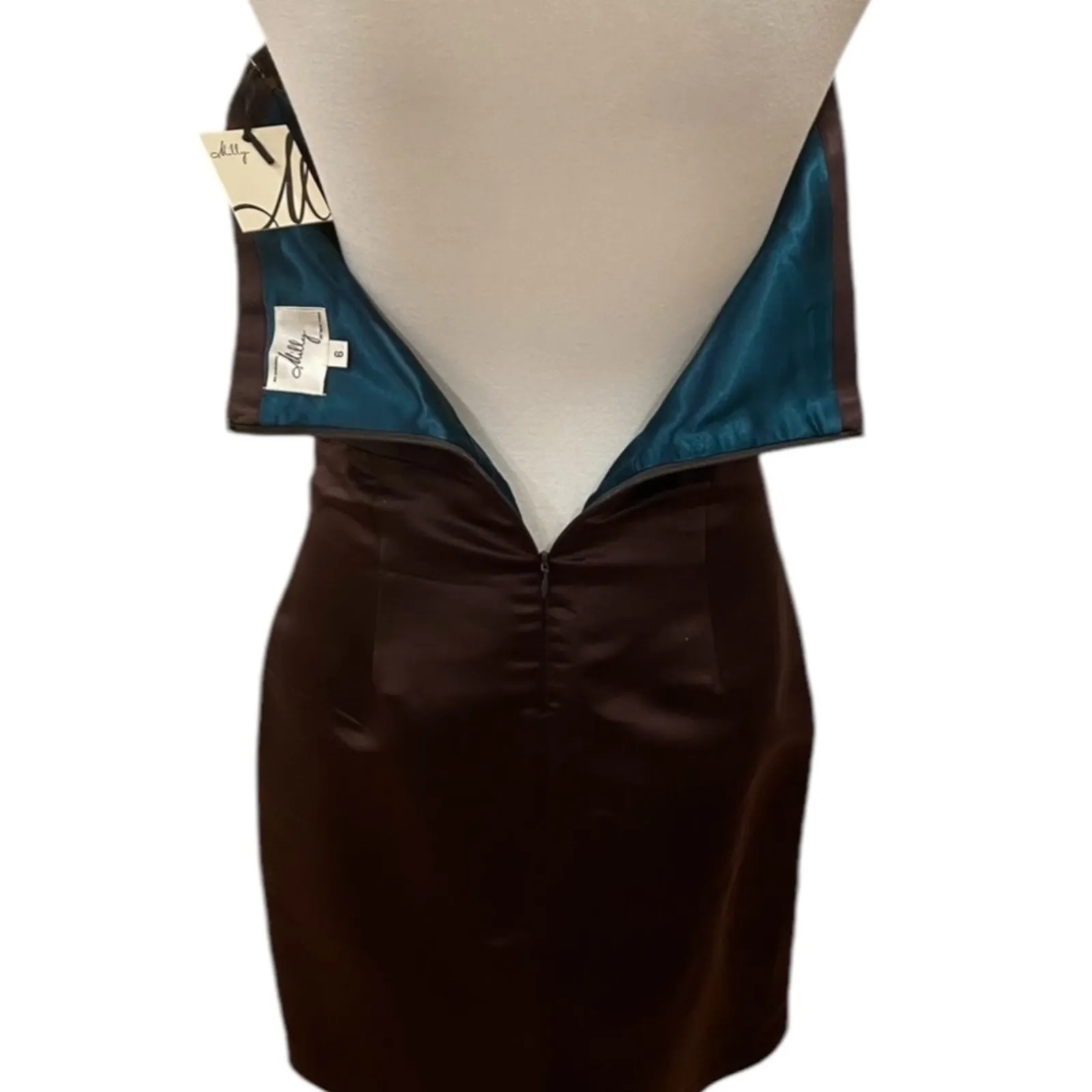 Cocktail Dress 6 Strapless Silk Y2K Style Semi Formal Small Mini $495 Occasion Brown - Image 6