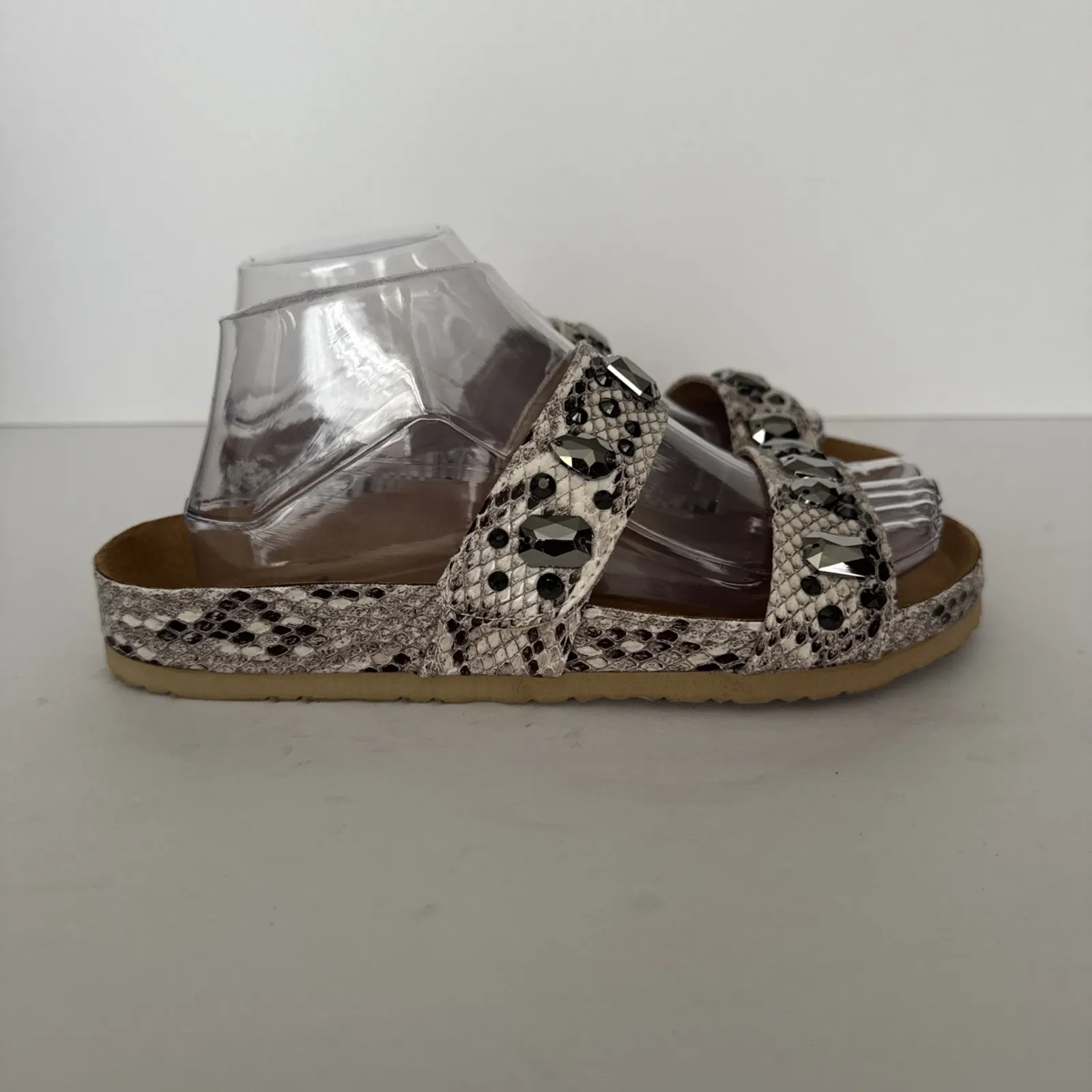 Joan Boyce Ruth Sandals Snake‎ Print Strappy Comfort Jeweled Slides Size 8 Wide Gray - Image 4