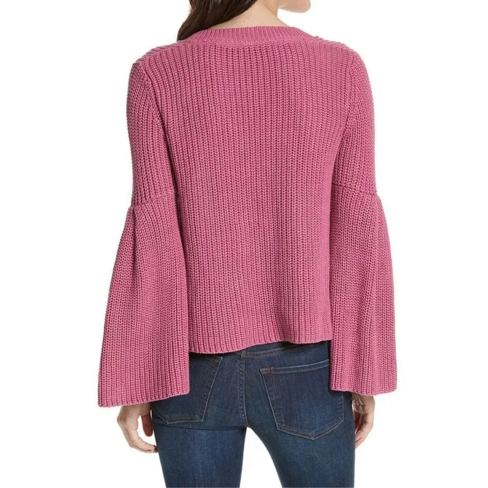 FREE PEOPLE Rose Pink Damsel Bell Sleeve Cotton V-neck Sweater M - Image 2