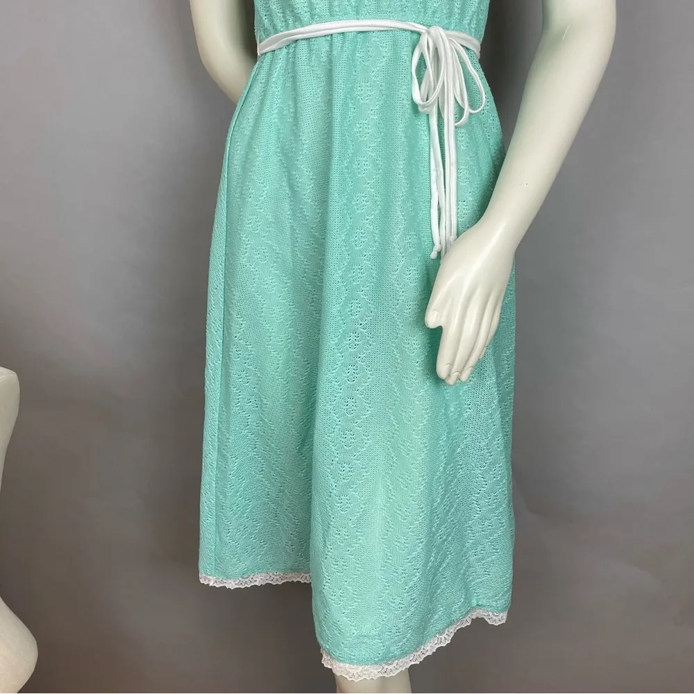 Vintage Dress Sheer 70s 80s Light Green Teal Lace Knit White Trim Sleeveless 7/8 - Image 6