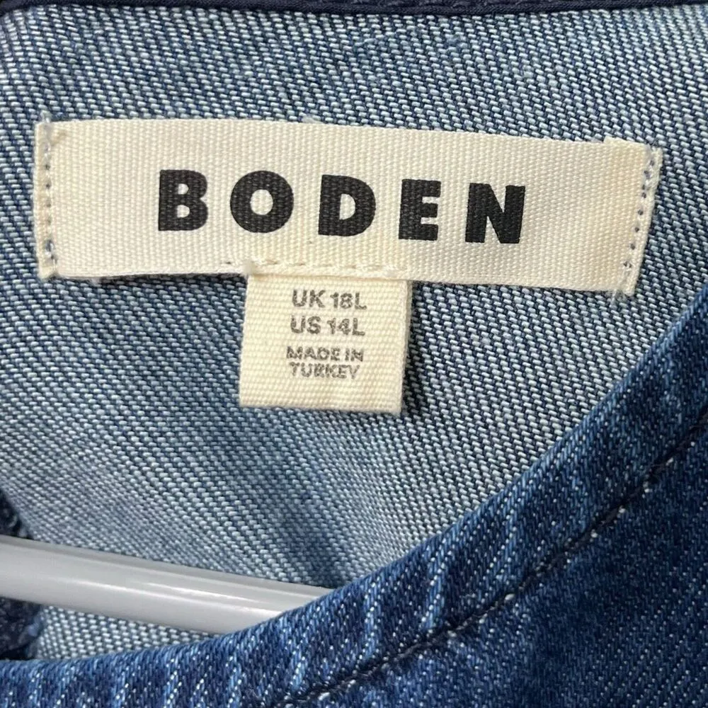 Boden Denim Shift Dress Size 14L Blue Long Sleeve Cotton Mini Blouson Casual - Image 13