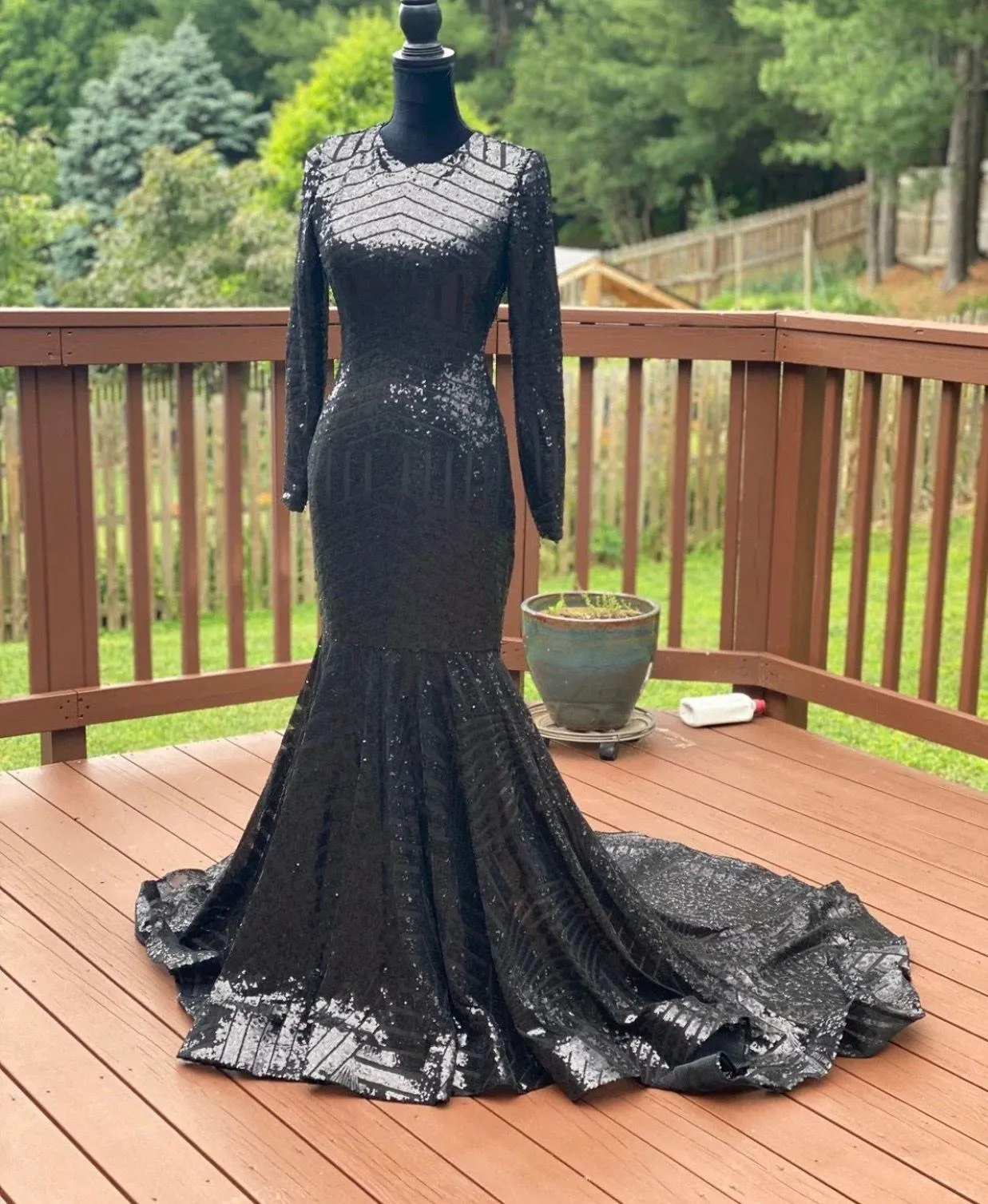 Mermain dress sequin long train backless Turtle Neck Long Sleeve Rhinestones Slim Fit - Image 3