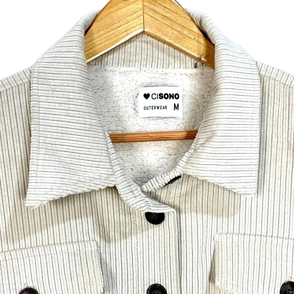 Corduroy Sherpa Lined Oversized Shacket Jacket M Button Up Soft Outerwear Beige Size M - Image 3