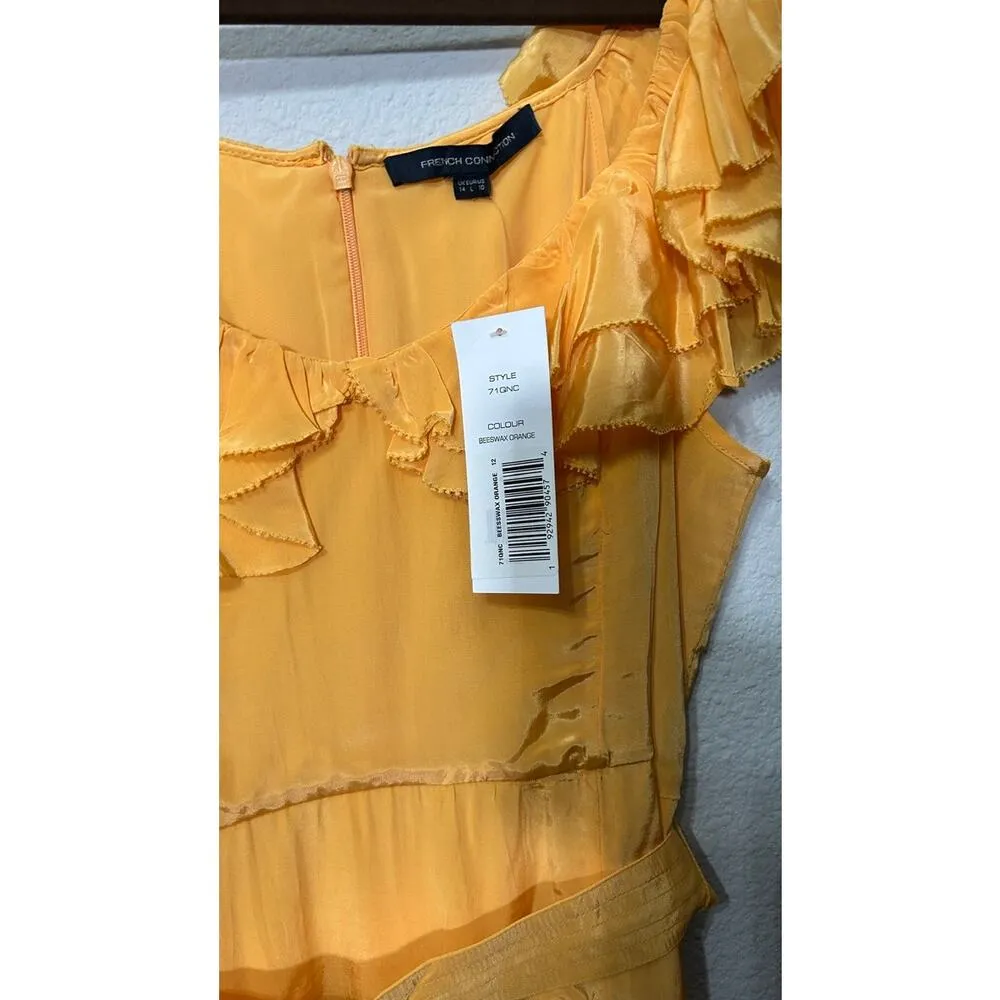 NEW French Connection UK Almedina Drape Frill Neck Midi Dress Marigold Yellow Lg - Image 7