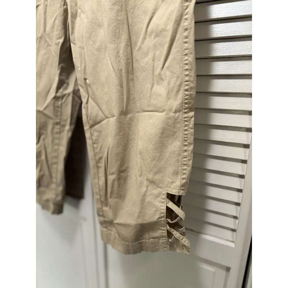 Fresh Khaki Cargo Tan Capri Pants Size 6 Mid Rise Pockets Zip Strappy Detail Tan - Image 2