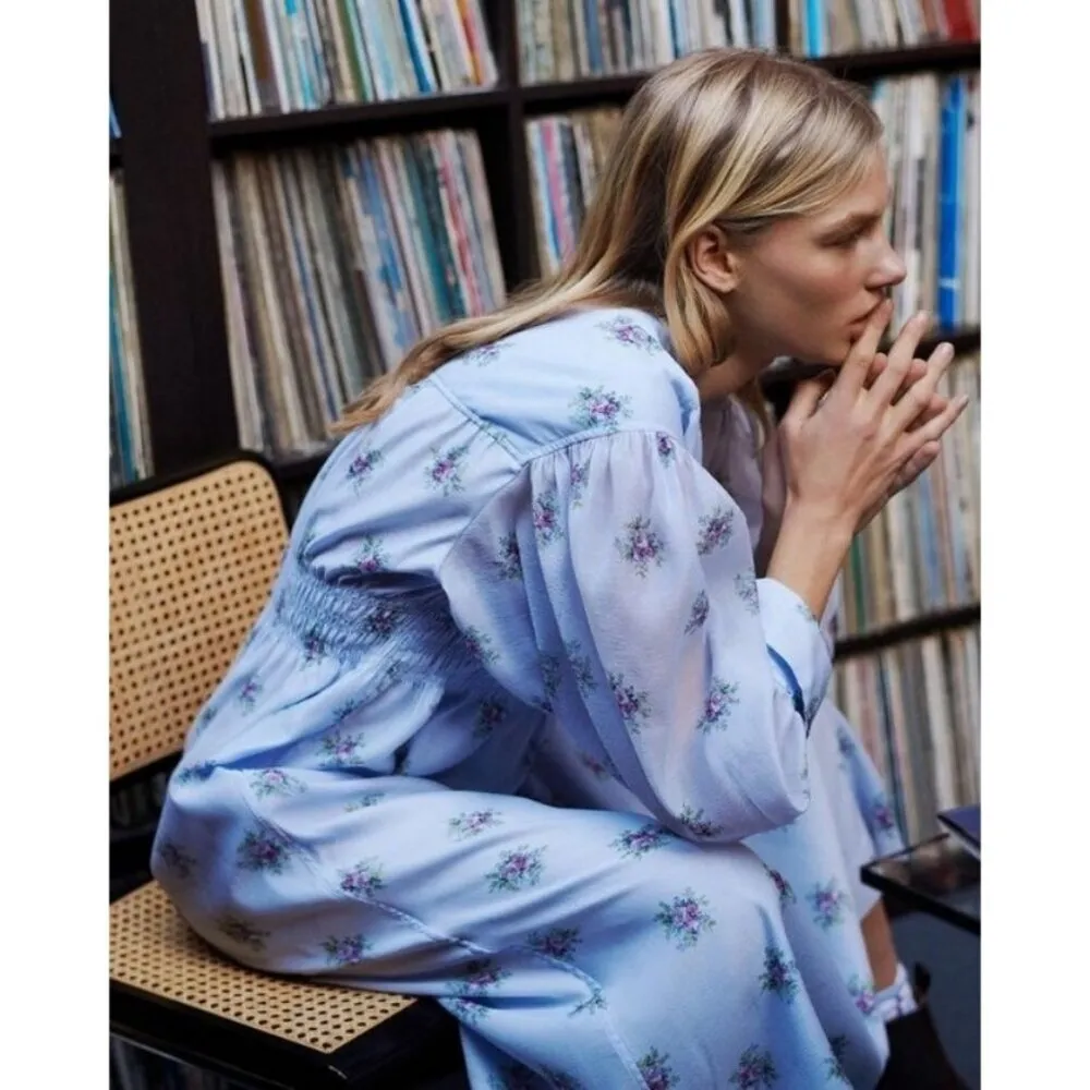 💕GANNI💕 Organza Printed Smock Dress ~ Heather Blue Floral Print EU 34 NWT - Image 5