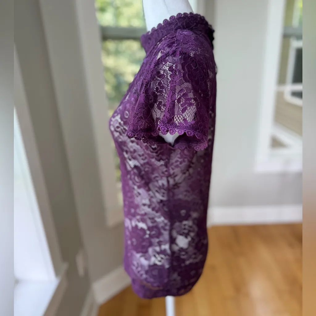 Allegra K Purple Violet Sheer Lace High Neck Short Sleeve Blouse Size Small NWT - Image 12