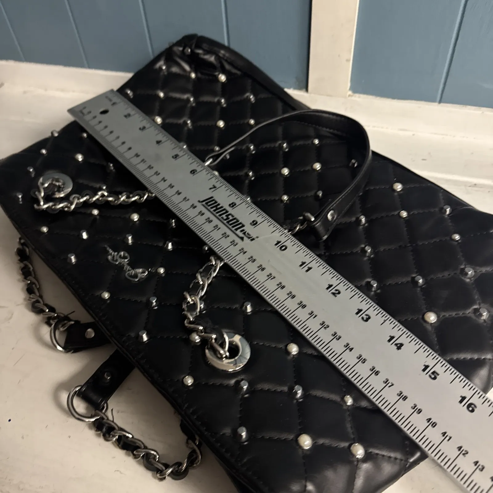 Jessica Simpson Women's Black Tote Shoulder Bag - 18" W x 13" H Purse Pearl Stud - Image 11