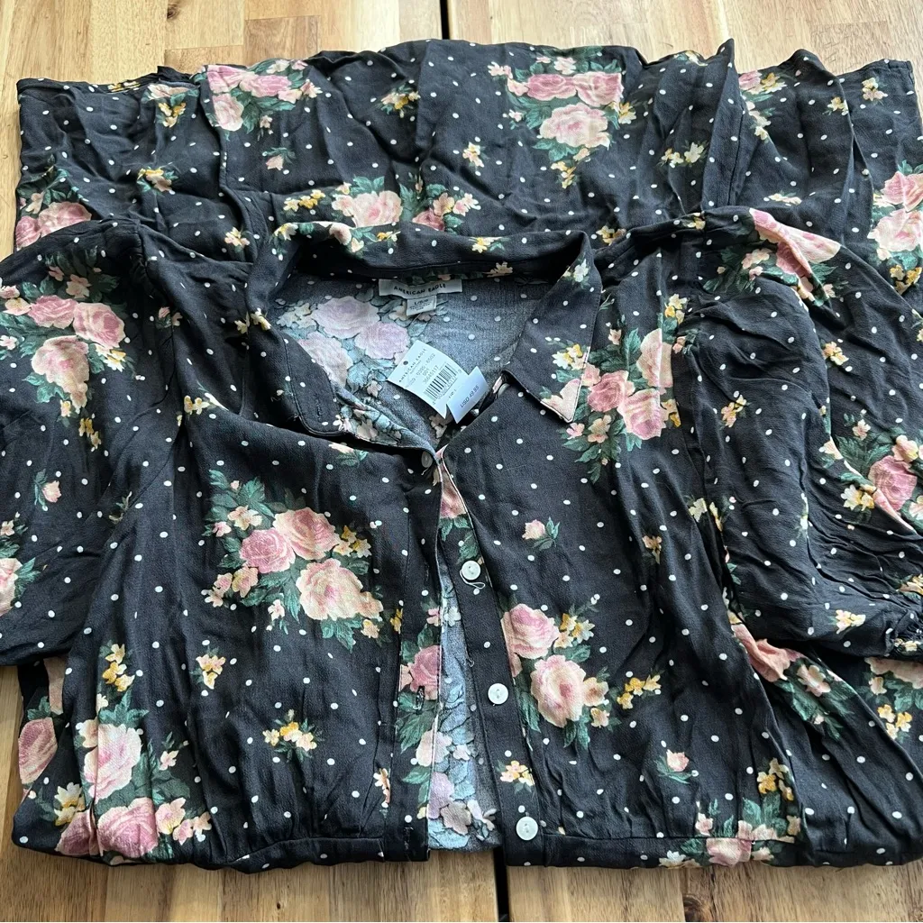 American Eagle Floral Button Front Midi Dress Black Polka Dot Roses Size L NWT - Image 5