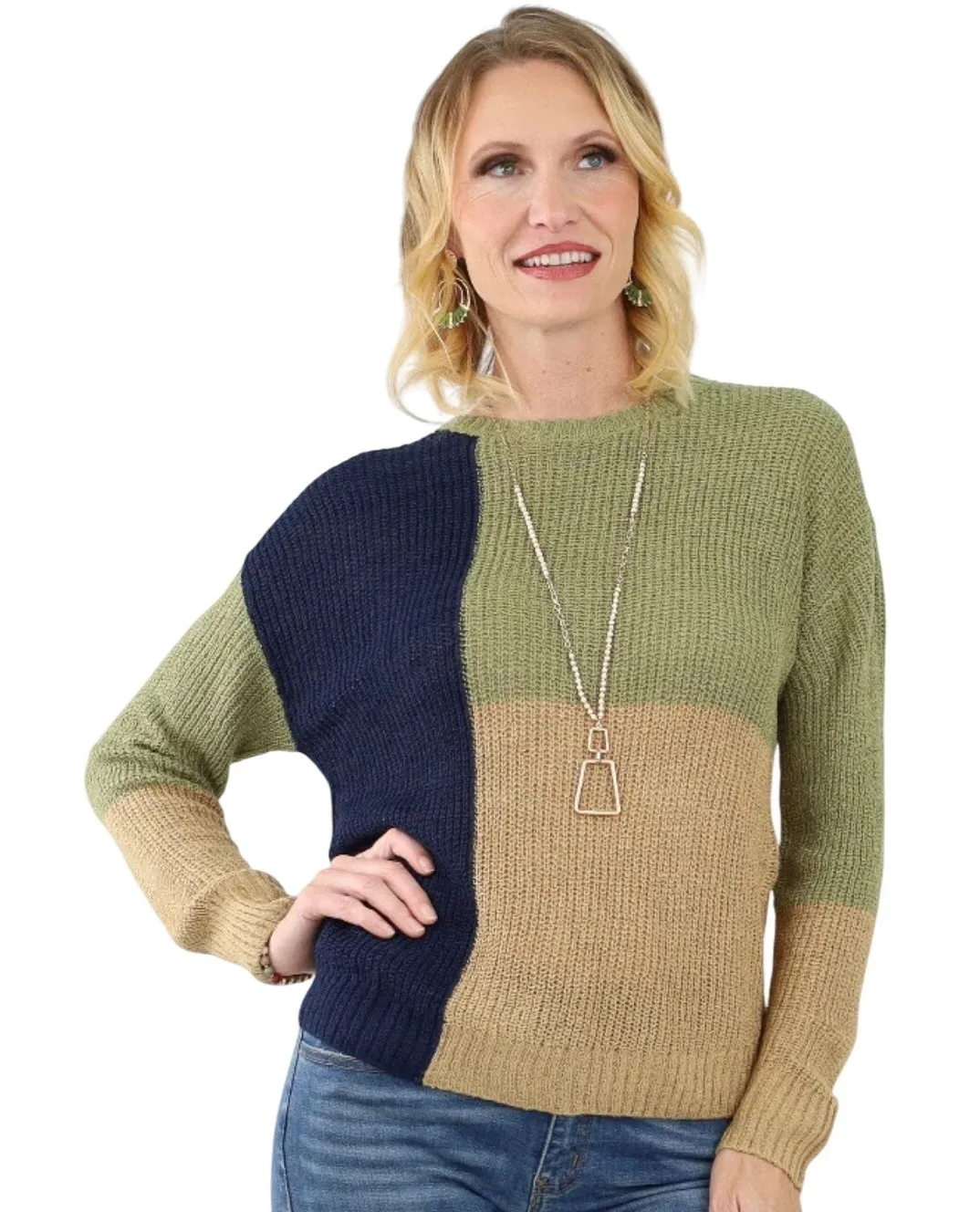 Perch by Blu Pepper Colorblock Sweater 1X Olive Navy Tan Crew Neck Knit Pullover Green Size XL - Image 1