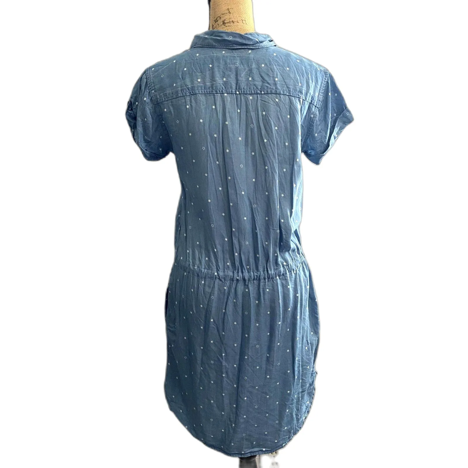 Thread‎ & Supply Chambray Mini Shirtdress Star Print Tie Waist Denim Size Small Blue - Image 4
