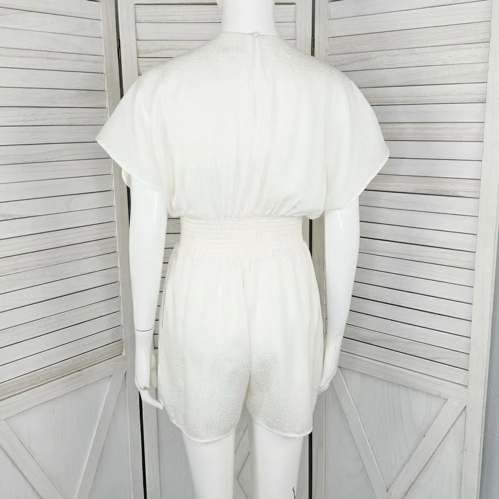 Express Satin Jacquard Smocked Waist V Neck Romper Ivory‎ White XS X Small - Image 6