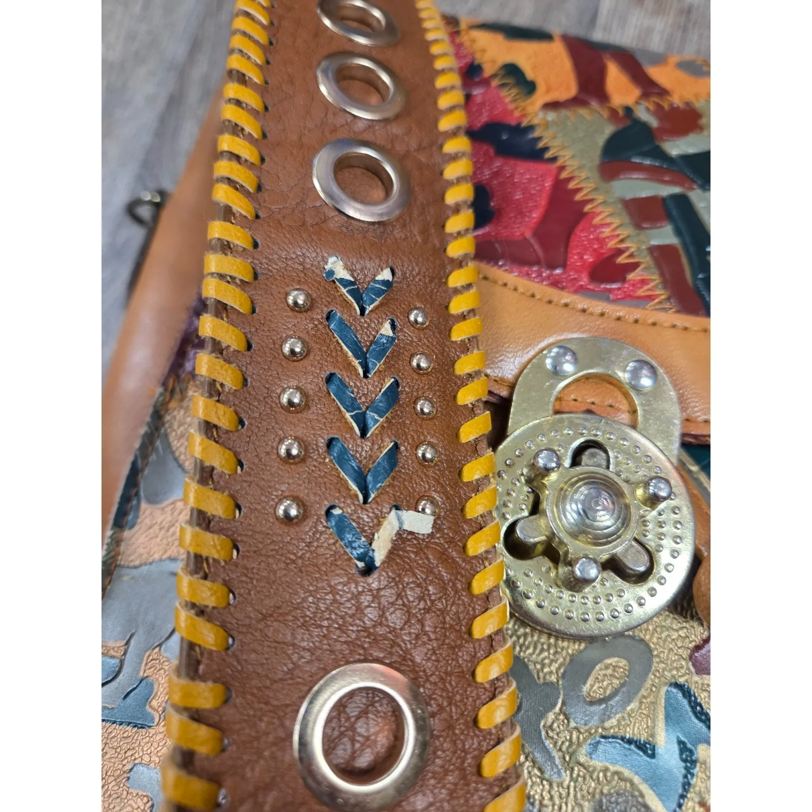 Handmade  Embossed Tooled Brown Leather Multicolor Boho Bucket Shoulder Bag - Image 8