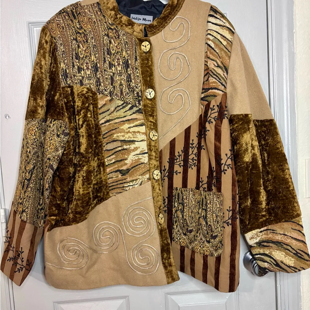 Vintage Indigo Moon Tapestry Jacket, Size 2x Patchwork Pattern Embroidery EUC Brown - Image 2