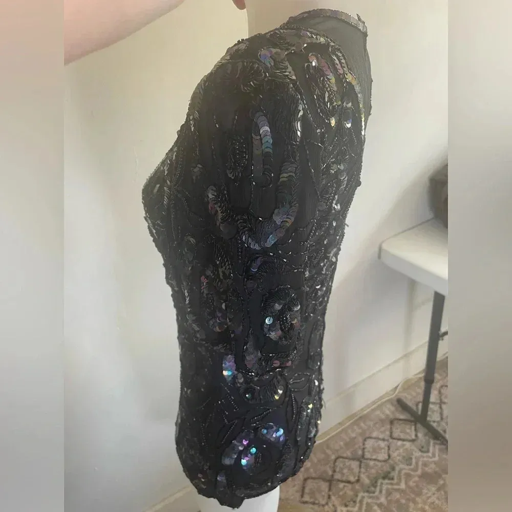 VTG 80’s Laurence Kazar Black Silk Rainbow Iridescent Sequin Rose Mesh Top M 176 - Image 14