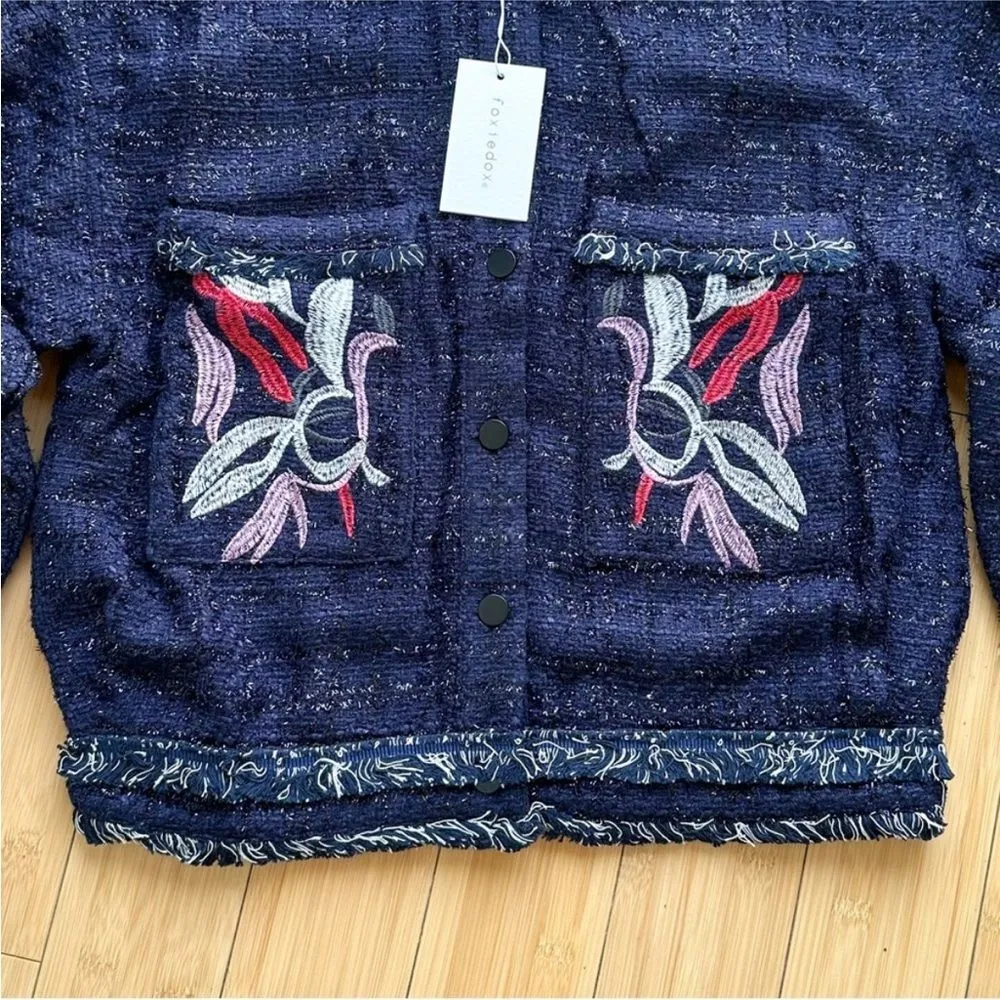 NWT Foxiedox Embroidered Takeo Tweed Frayed Boho Blue Jacket Anthropologie - Image 3