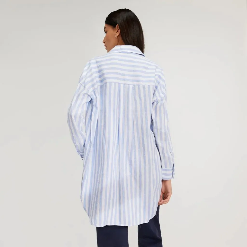 Everlane Way Long 100% Linen Shirt Blue Striped 2 Tunic Top Oversized Minimalist - Image 2