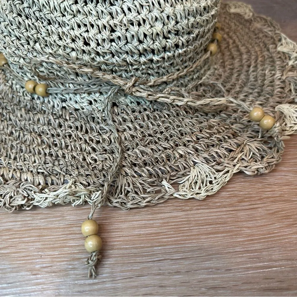 Boho Beaded Straw Knitted Sun Beach Hat Tan - Image 2