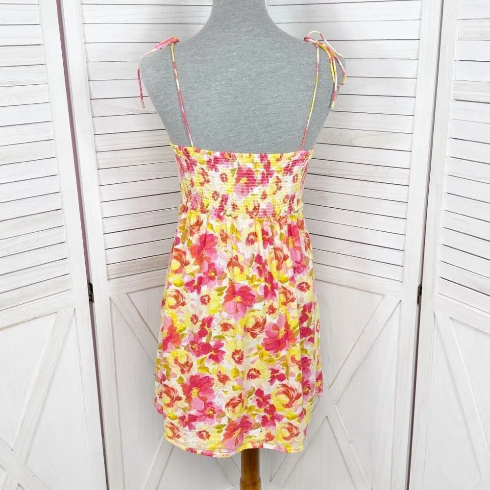 Old‎ Navy Floral Linen Tie Shoulder Cami Mini Dress Sundress Pink Yellow Small - Image 5