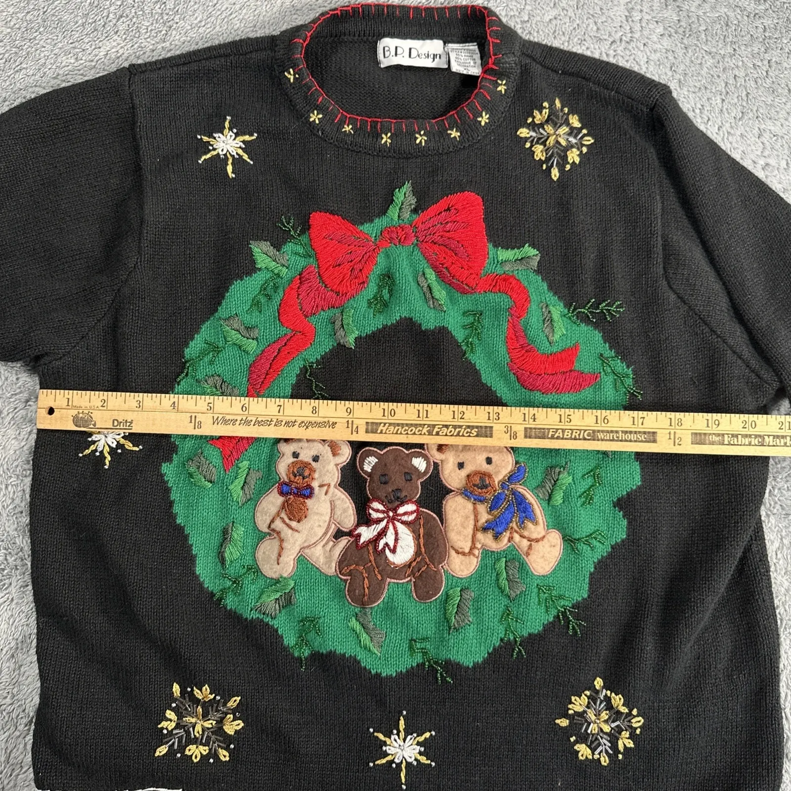 BP Design Sweater Women's SZ XL Applique Teddy Bears Embroidered Granny Core Black - Image 8