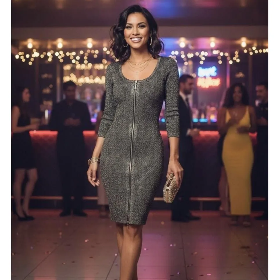 Say What Dress Womens Large Black Silver Zip Front Metallic Bodycon Party Knit - Image 14