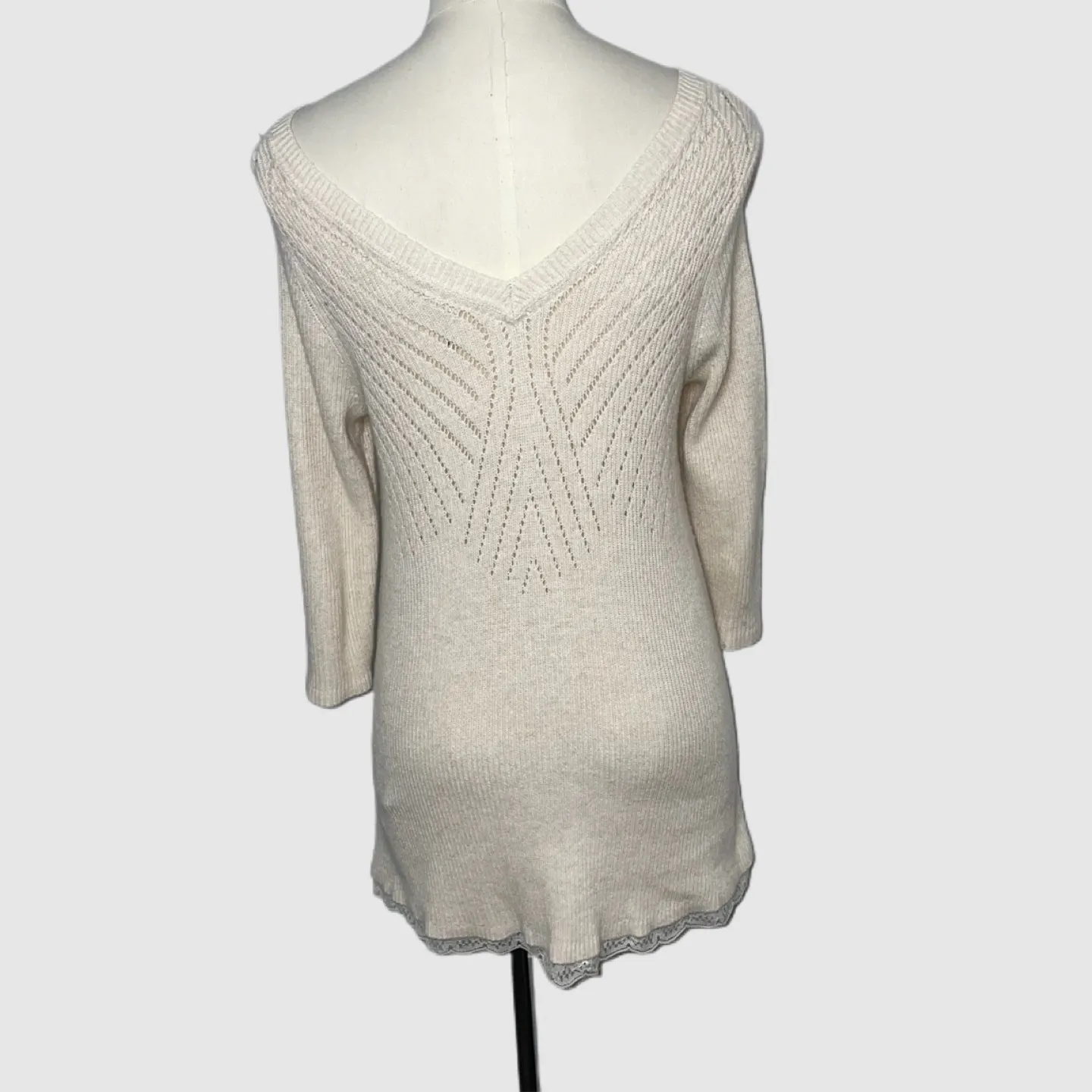 Anthropologie‎ Knitted & Knotted Lace Hem Pointelle Tunic Sweater Cream Small - Image 7