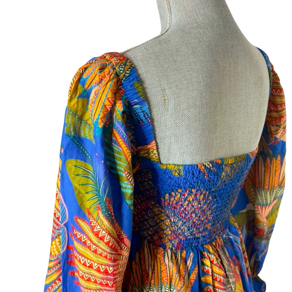 Farm Rio Macaw Flight Mini Dress Smocked Anthropologie Puff Sleeves Size XXS - Image 9