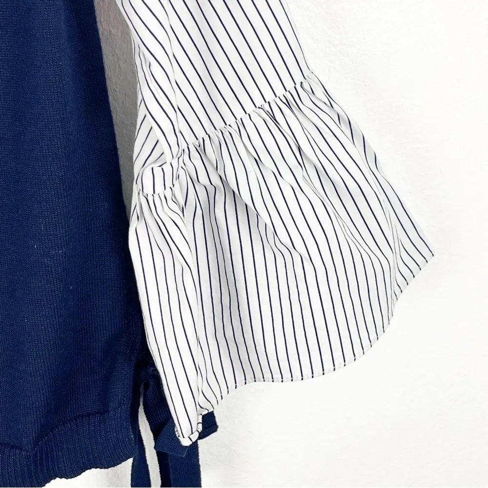 ENGLISH FACTORY Navy And White Striped Bell Sleeves Side Tie Top, Size Small - Image 9