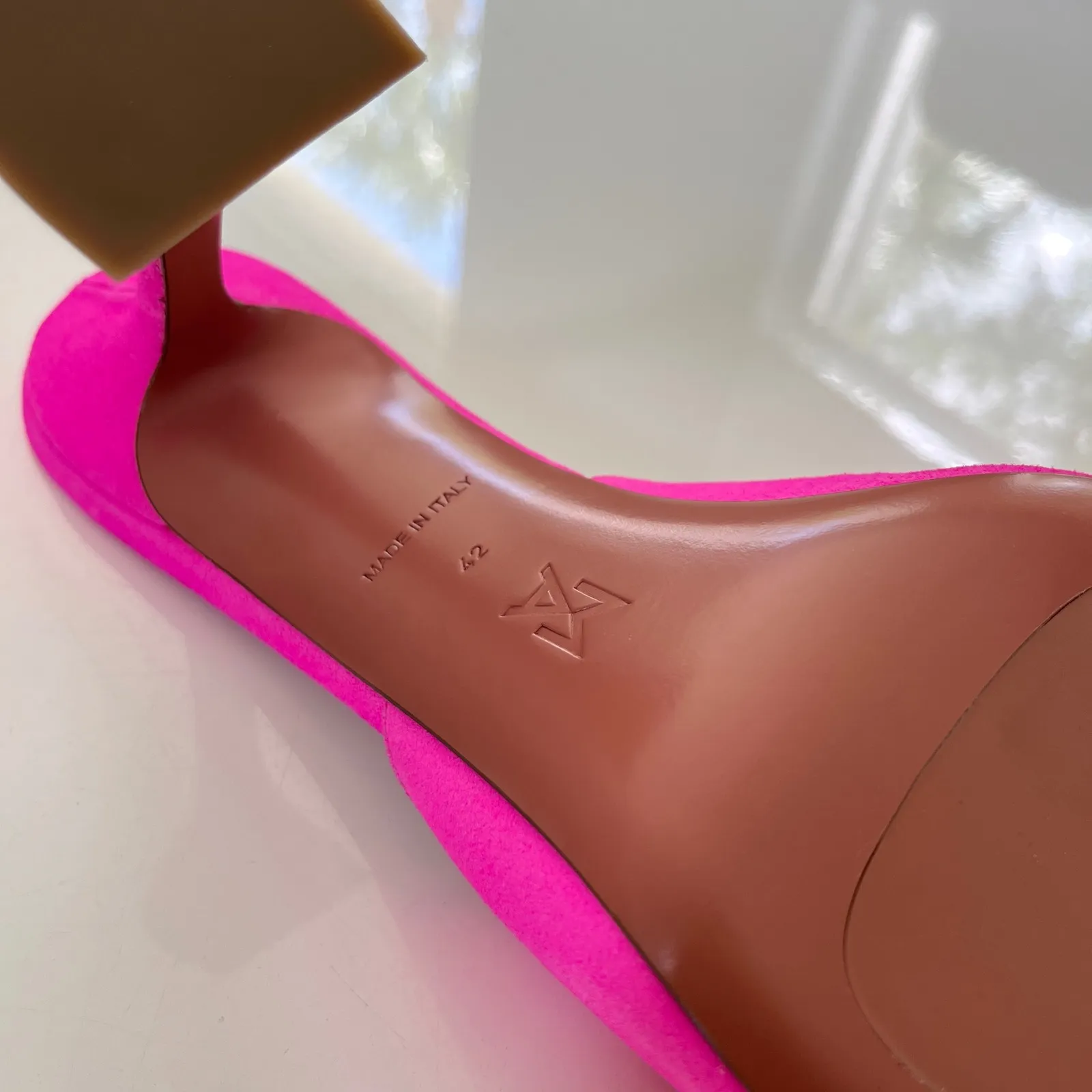 AMINA MUADDI Lupita Suede Slipper‎ Mule in Fluo Pink - Image 11