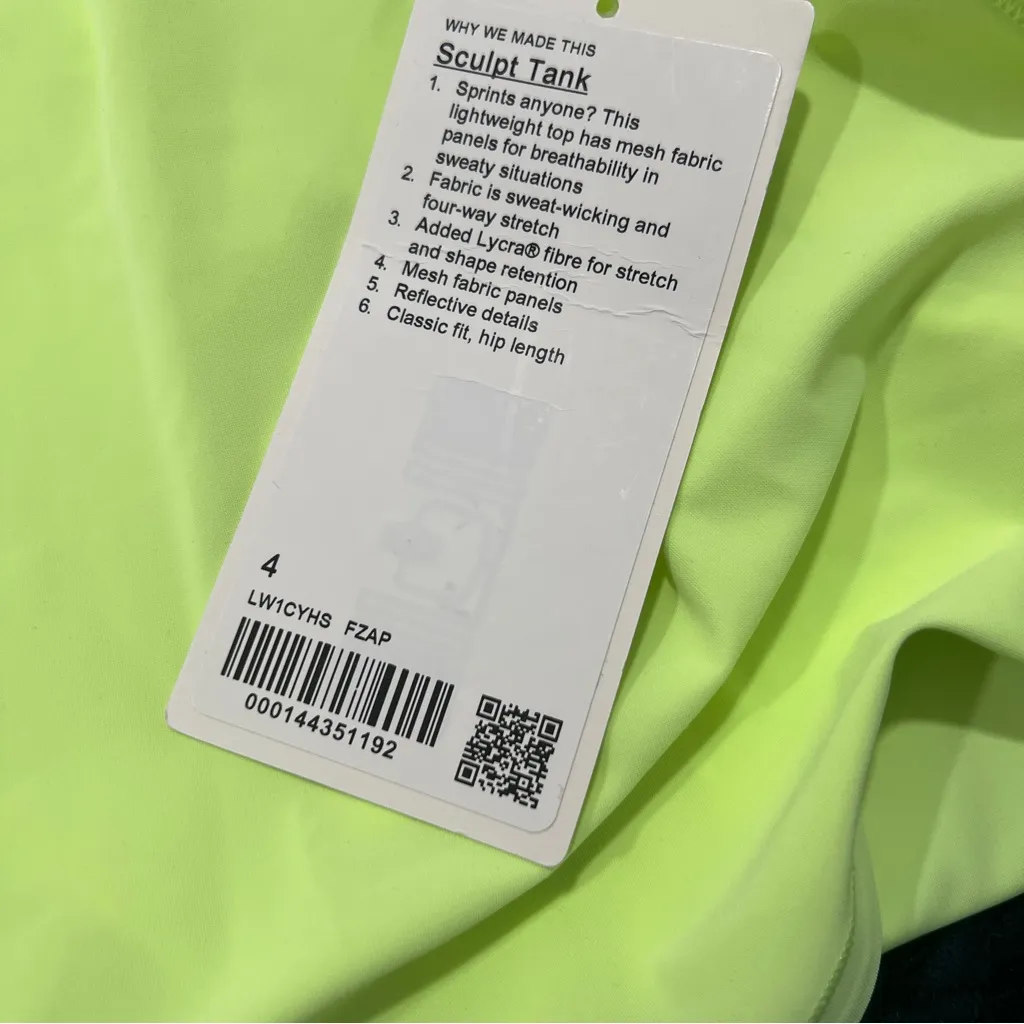 Lululemon Sculpt Tank Top Mesh Sleeveless Back Cutout High Low Hem Neon NWT 4 - Image 14