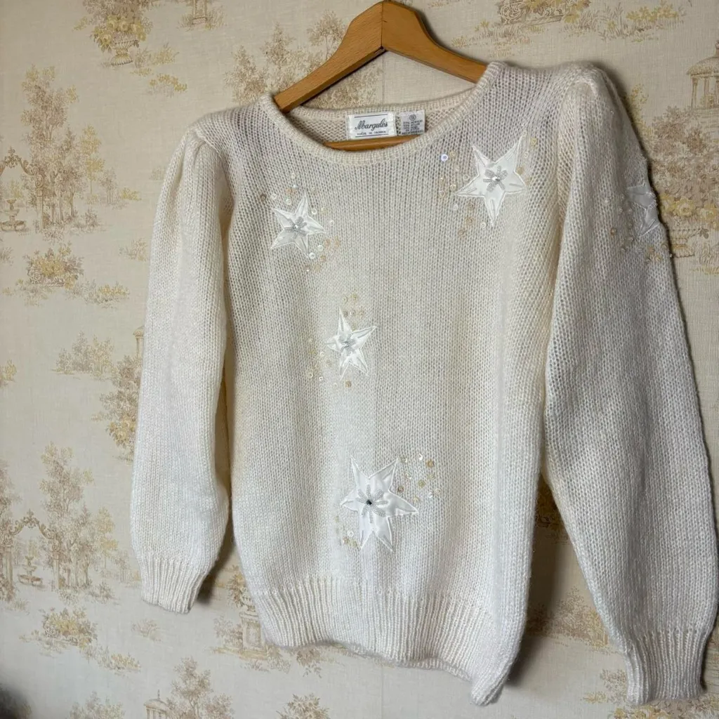 Vintage cream white sequin star puff sleeve knit wool sweater cottagecore S - Image 8