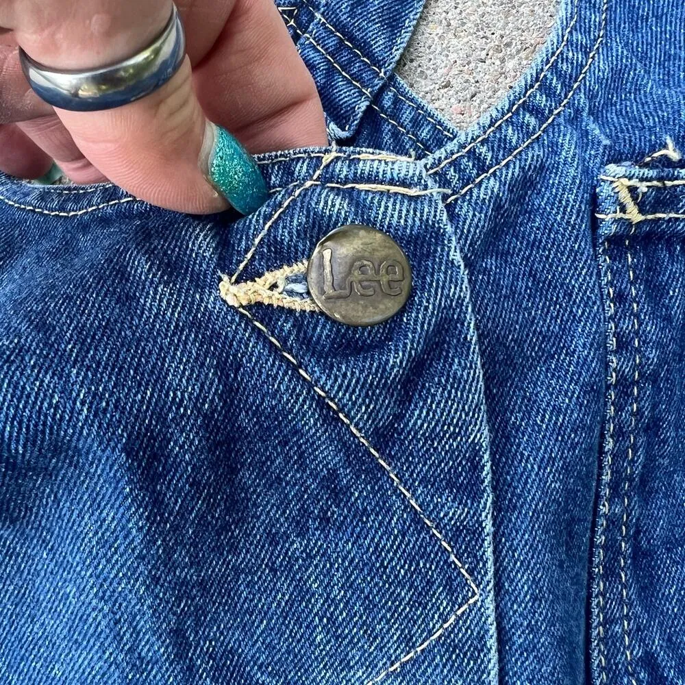Vintage Lee denim jean shortalls cut off Frayed hem slip double buckle strap - Image 5