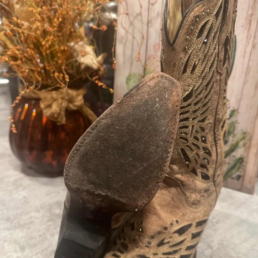 Corral Women's Cowboy Boot Size 5.5 Sequin Butterfly Distressed Brown Leather - Image 7